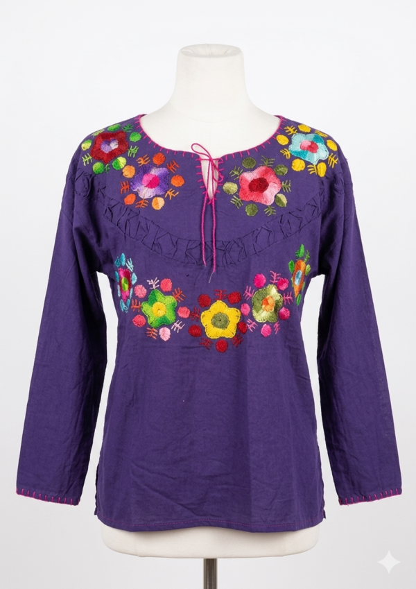 camisa mexicana morada larga Guelaguetza