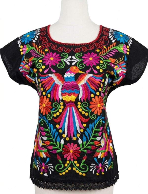 camisa mexicana negra Colibrí Sagrado
