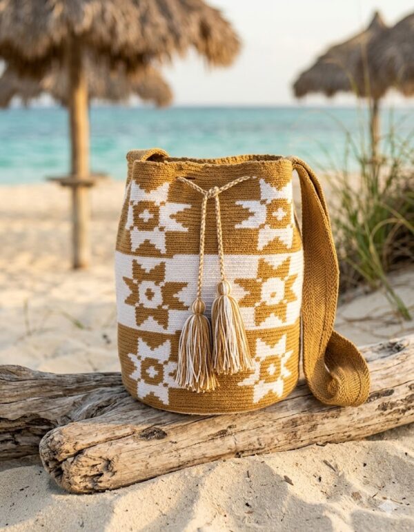 115 mchila Mochila de Inspiración Wayuu Estrellas Ocre y Crudo