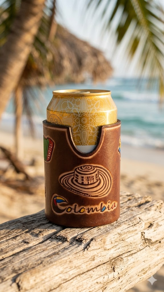 cerveza 36 Porta Latas en Cuero Repujado