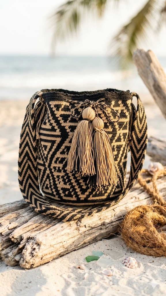 Mochila de Inspiración Wayuu Minimalista Arena y Negro